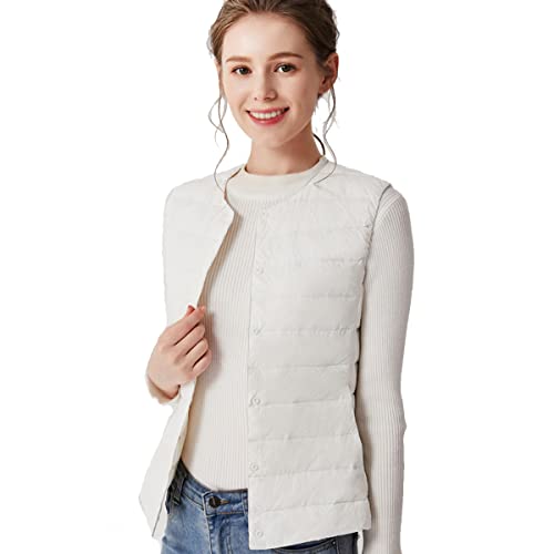 Clementie Damen Daunenweste Jacke, Weste Damen Daunenweste Leicht Steppweste ohne Kragen, Perfekt für Winter (L,Weiß) von Clementie