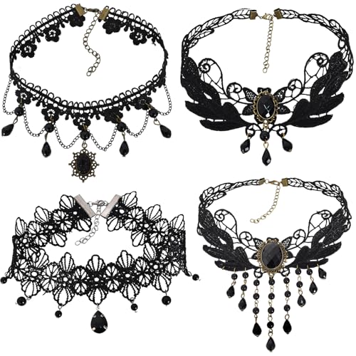 Cleminsta 4 Pcs Gothic Halskette Set Damen Schwarz Spitze Kette Vintage Choker Lolita Kostüm Retro Victorian Schmuck für Halloween Pfingsten Maskerade Karneval Fasching Cosplay Kostüm von Cleminsta