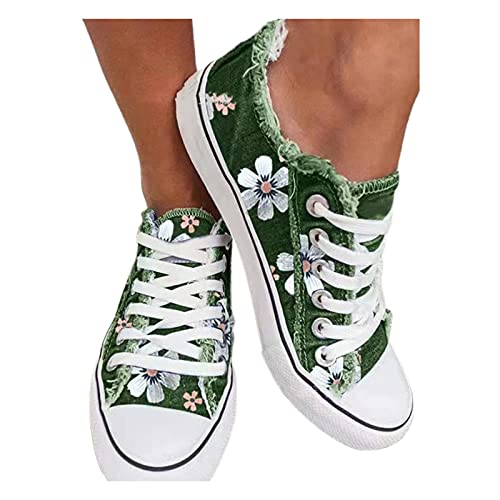 Clenp Canvas-Schuhe, Schnür-Canvas-Schuhe rutschfeste Gummisohle Blumendruck Low Cut Flache Schuhe Schuhe Grün 39 von Clenp
