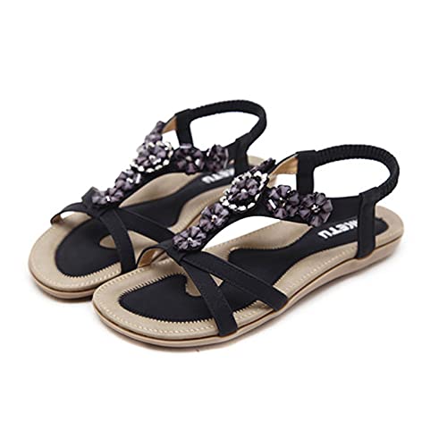 Clenp Damen Sandalen, Bohemian Damen Sandalen Open Toe Schuhe Mit Flachem Absatz Blumenperlen Anti-Rutsch-Sandalen Für Strand Schwarz 37 von Clenp