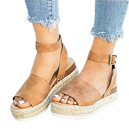 Clenp Damen Sandalen, Plateau Wedge Kunstleder Knöchelriemen Open Toe Damen Sandalen Schuhe Für Das Tägliche Leben Braun 37 von Clenp