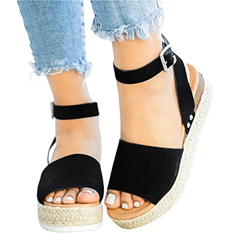 Clenp Damen Sandalen, Plateau Wedge Kunstleder Knöchelriemen Open Toe Damen Sandalen Schuhe Für Das Tägliche Leben Schwarz 37 von Clenp