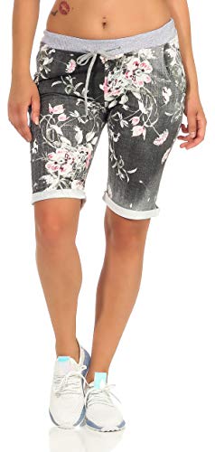 CLEO STYLE Kurze Damen Bermuda, leichte luftige Hose für den Sommer, kurzer Jogger für Freizeit und Strand 9 (Schwarz/Blume 1) von CLEO STYLE