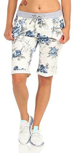 CLEOSTYLE Kurze Damen Bermuda, leichte luftige Hose für den Sommer, kurzer Jogger für Freizeit und Strand 9 (Weiß Blau) von Cleostyle Collection