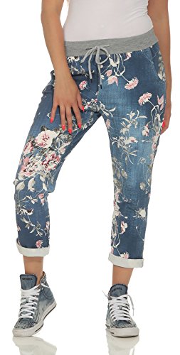 CLEOSTYLE angesagte Damen Jogginhose im Boyfriend-Style für Freizeit, Sport und Fitness 9-2 (Blau/Blume) von CLEO STYLE