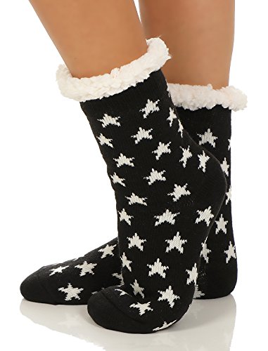 CLEOSTYLE warme Hüttensocken Hausschuhe mit ABS Sohle und wärmenden Teddyfell CL 088 (2x Stern Weiß) von Cleostyle Collection