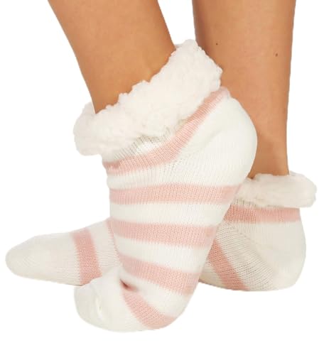 Cleostyle Collection warme Hüttensocken/Hausschuhe Damen mit ABS Sohle und wärmenden Teddyfell in kurz 37 (Rosa/Blockstreifen) von Cleostyle Collection