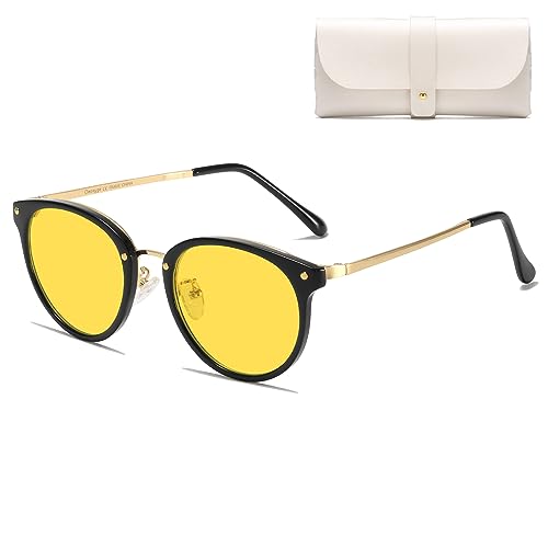 Cleoxyge Polarisierte Sonnenbrille Damen-Herren,Vintage Elegant Metallrahmen UV400-Schutz Outdoor Für Angeln Fahren Reisebrille Mode Sonnenbrille (Schwarz Frame+Gelblich Lens) von Cleoxyge