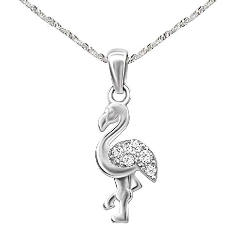 CLEVER SCHMUCK Damen Halskette Flamingo Anhänger 15 mm mit Zirkonias & Kette Singapur 45 cm Sterling Silber 925 im Etui weiß von CLEVER SCHMUCK