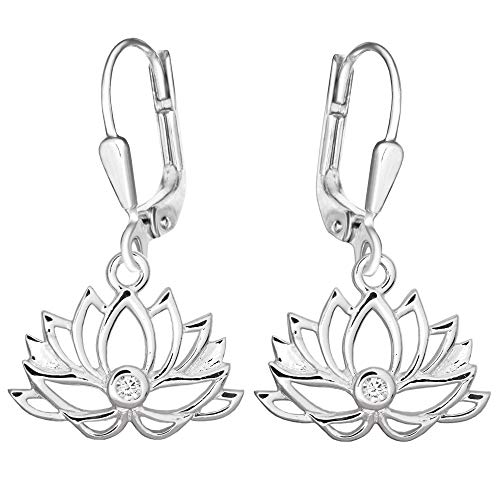 CLEVER SCHMUCK Silberne Lotusblüte Ohrringe 28mm als Damen Ohrhänger 11x17 mm Blume Blüte Lotus mit Zirkonia weiß glänzend STERLING SILBER 925 im Etui weiß von CLEVER SCHMUCK