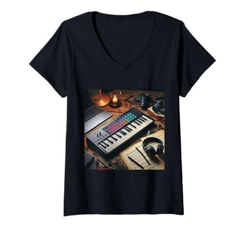 Damen MIDI-Keyboard-Controller - Synthesizer Retro T-Shirt mit V-Ausschnitt Damen MIDI-Keyboard-Controller - Synthesizer Retro T-Shirt mit V-Ausschnitt von Clever Witty Midi Keyboard Designs