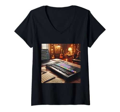Damen MIDI-Keyboard-Controller - Synthesizer Retro T-Shirt mit V-Ausschnitt Damen MIDI-Keyboard-Controller - Synthesizer Retro T-Shirt mit V-Ausschnitt von Clever Witty Midi Keyboard Designs