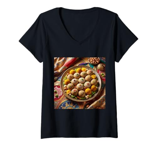 Damen Mithai Laddu Ladoo indische Dessert Süßigkeiten T-Shirt mit V-Ausschnitt Damen Mithai Laddu Ladoo indische Dessert Süßigkeiten T-Shirt mit V-Ausschnitt von Clever Witty Mithai Designs