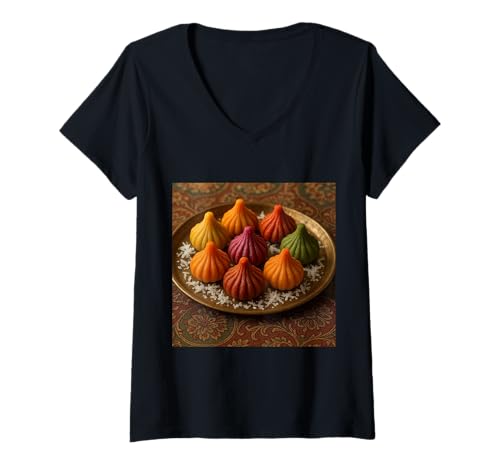 Damen Wirklich wie Modak Sweet Dumpling Lord Ganesh T-Shirt mit V-Ausschnitt von Clever Witty Modak Designs