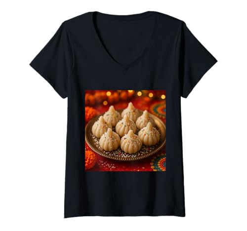 Damen Wirklich wie Modak Sweet Dumpling Lord Ganesh T-Shirt mit V-Ausschnitt von Clever Witty Modak Designs