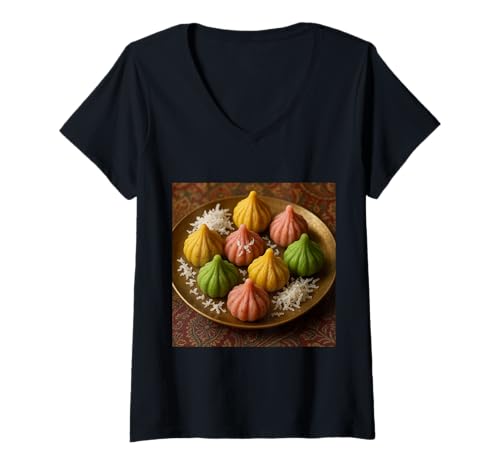 Damen Wirklich wie Modak Sweet Dumpling Lord Ganesh T-Shirt mit V-Ausschnitt von Clever Witty Modak Designs