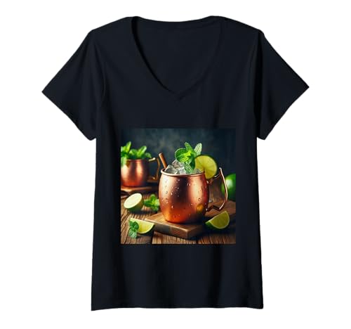 Damen Lustiger Moscow Mule Cocktail Kupferbecher Kostüm T-Shirt mit V-Ausschnitt Damen Lustiger Moscow Mule Cocktail Kupferbecher Kostüm T-Shirt mit V-Ausschnitt von Clever Witty Moscow Mule Designs