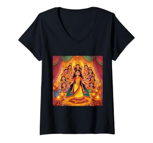 Damen Durga Puja Diwali Festival Glückliche Navratri-Göttin T-Shirt mit V-Ausschnitt Damen Durga Puja Diwali Festival Glückliche Navratri-Göttin T-Shirt mit V-Ausschnitt von Clever Witty Navratri Designs