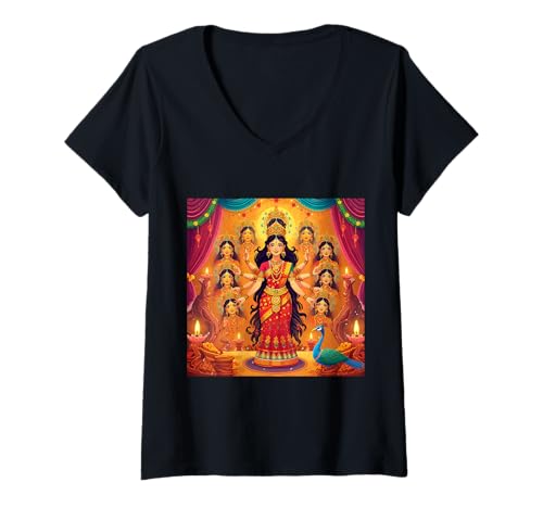 Damen Durga Puja Diwali Festival Glückliche Navratri-Göttin T-Shirt mit V-Ausschnitt Damen Durga Puja Diwali Festival Glückliche Navratri-Göttin T-Shirt mit V-Ausschnitt von Clever Witty Navratri Designs