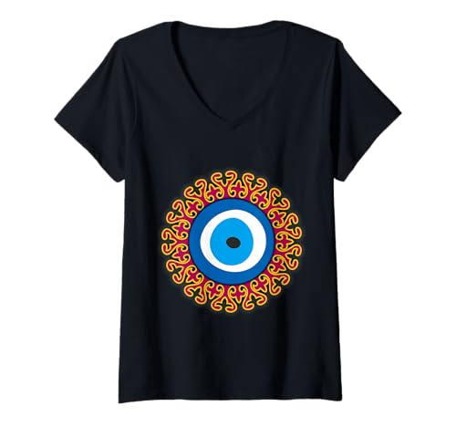 Damen Evil Eye Nazar Amulett Schutz Glück T-Shirt mit V-Ausschnitt von Clever Witty Nazar Designs