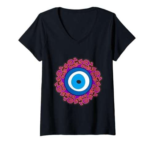 Damen Evil Eye Nazar Amulett Schutz Glück T-Shirt mit V-Ausschnitt von Clever Witty Nazar Designs