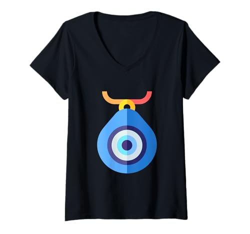 Damen Evil Eye Nazar Amulett Schutz Glück T-Shirt mit V-Ausschnitt von Clever Witty Nazar Designs