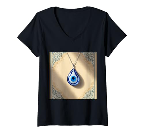 Damen Evil Eye Nazar Amulett Schutz Glück T-Shirt mit V-Ausschnitt von Clever Witty Nazar Designs