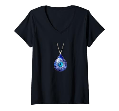Damen Evil Eye Nazar Amulett Schutz Glück T-Shirt mit V-Ausschnitt von Clever Witty Nazar Designs