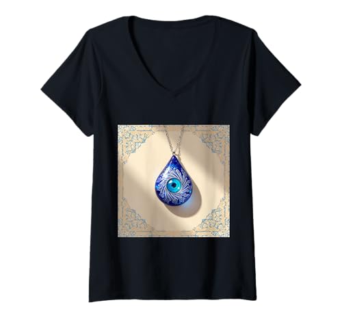 Damen Evil Eye Nazar Amulett Schutz Glück T-Shirt mit V-Ausschnitt von Clever Witty Nazar Designs
