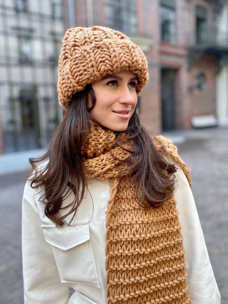 Chunky Beanie Oversized Hut Handgemachte Wollmütze Für Frauen Beige Strickmütze Winter Dicke Riesenhut von ClewStore