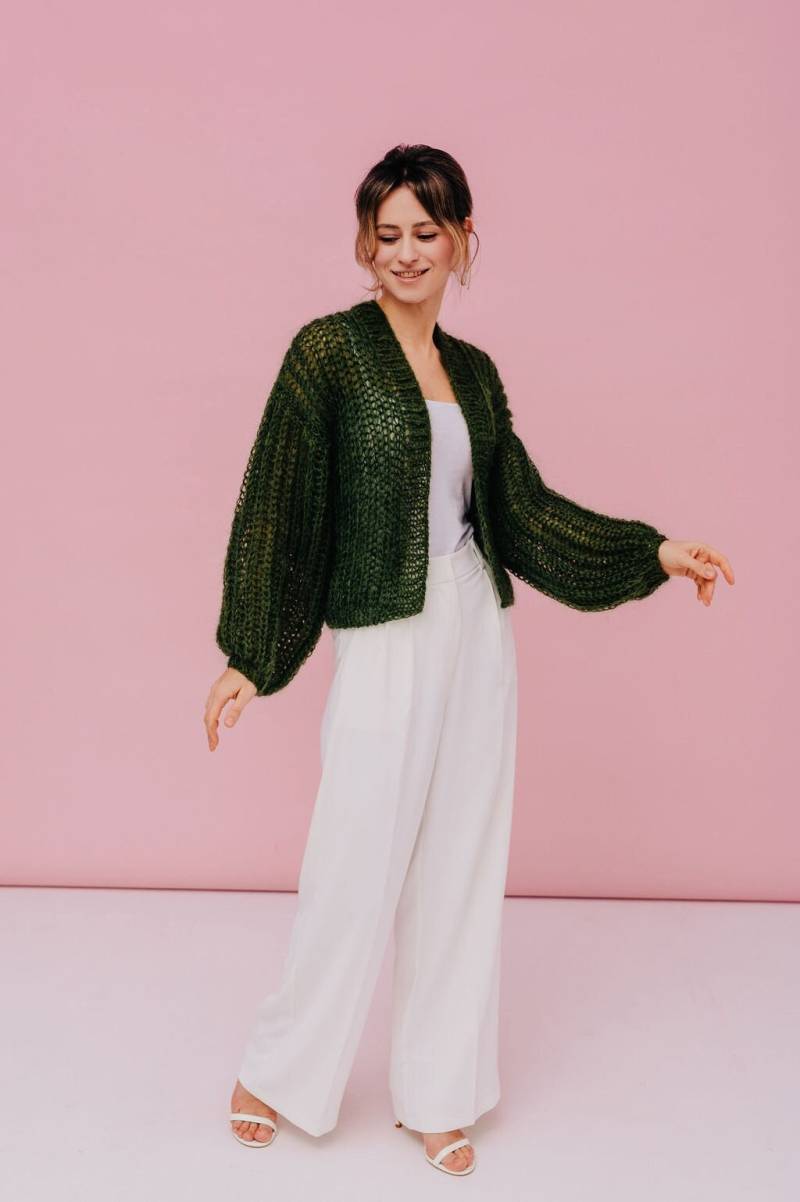 Grün Strickjacke Mohair Pullover Frauen Wolle Jacke Oversized Bomberjacke von ClewStore