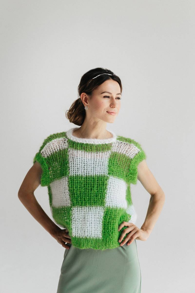 Grüner Pullover Weste Mohair Grüne Strickweste Schachbrett Wolle Mehrfarbiger von ClewStore
