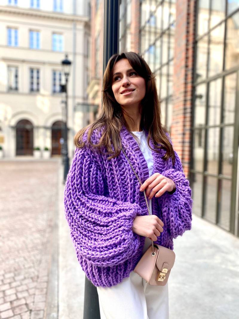 Lila Strickjacke Bomberjacke Frauen Wolle Strick Mantel Frau Pullover Oversized von ClewStore