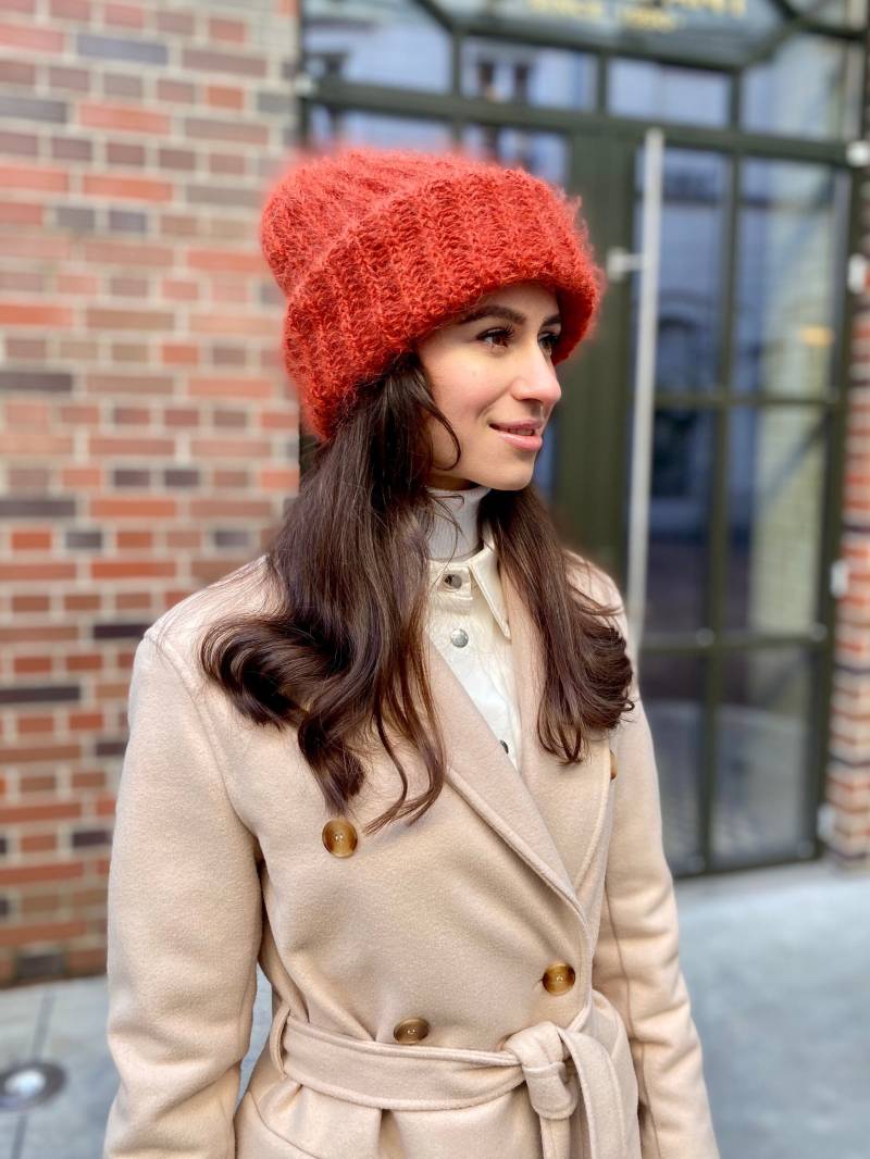 Mohair Mütze Orange Hut Zopfmuster Damen Beanie Flauschige Chunky Strickmütze Oversized Wollmütze von ClewStore