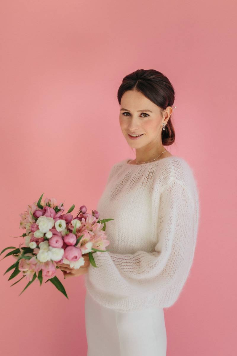 Mohair Pullover Brautjacke Hochzeit Wollpullover Weißer Strickpullover Brautpullover Weiß Hochzeitsjacke Hochzeitspullover von ClewStore