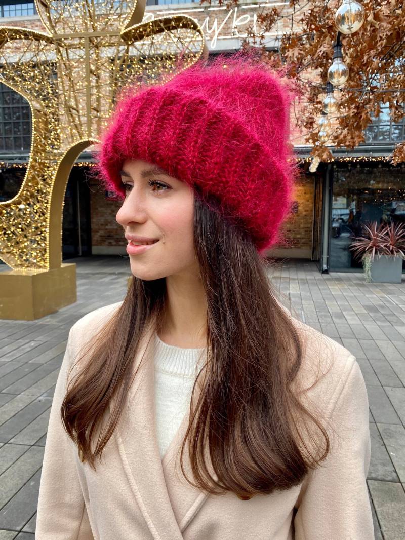 Rot Strickmütze Slouchy Beanie Damen Wolle Cape Zopfmuster Mütze Rote Häkelmütze Wintermütze Schwarze Hut Mohair von ClewStore