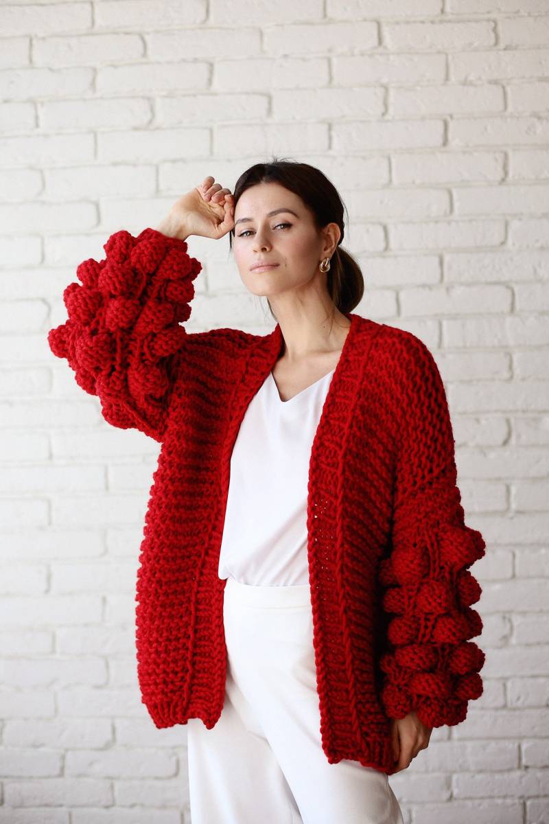 Rote Strickjacke Wollmantel Frauen Bomberjacke Jacke von ClewStore