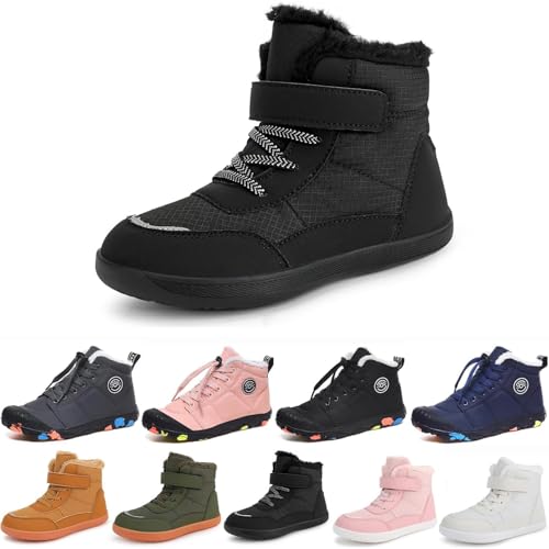 Clgorm 2024 Barfussschuhe Kinder Winter Wasserdicht Leichte Rutschfeste Warme Barfußschuhe Mit Breiter Spitze Für Kinder (Black B, 29) von Clgorm