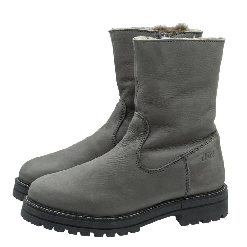 Clic Clic Stiefel Leder Damen Teens Boots 20440 Lammfellfutter Grau Schnürstiefelette von Clic