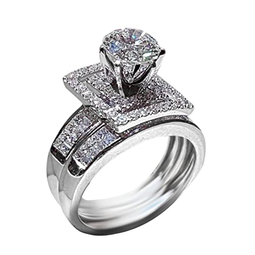 2 STÜCK Geometrie Silber Strass Zirkonia Braut Geometrie Strass Verlobungsring Voller Zirkonia Solitär Ring Für Frauen Größe 5 11 CM294 (A-Silver, 6) von Clicitina