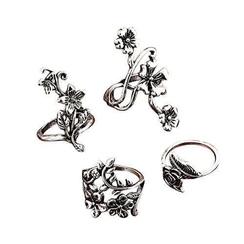 4-teiliges altes Silber Mori-Rebe-Blatt-Blumen-hohler Ring-Satz für Frauen Retro-Weinlese-Silber-Stapel-Ring-Satz modische Silberne Ringe für jugendlich Leuchtende Ringe (a-Silver, One Size) von Clicitina