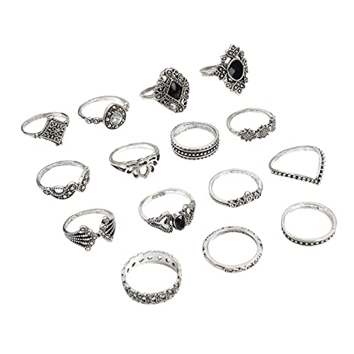 Clicitina 15Stück Silber-Ring-Set für Frauen für Klassische stapelbare Fingerringe von Boho Legierungsharz Strassringe Ringen Turnen (d-Silver, One Size) von Clicitina