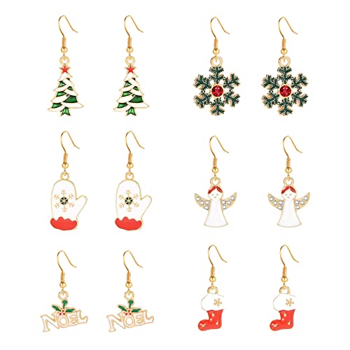 Clicitina 6 Paar Weihnachtsohrringe für Frauen Feiertagsohrringe für Frauen Weihnachtsbaum Schneeflocke Ohrringe Set für Frauen Mädchen GK597 (Gold-B, One Size) von Clicitina