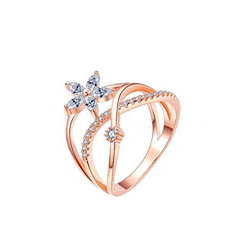 Clicitina Mode Rose Gold Pferdeauge Zirkonring mit Blumendesign Einfacher Zirkonring Einfacher Persönlichkeitscharakter für Frauen und Mädchen Ringelshirt Damen Karneval Rot (Rose Gold, 7) von Clicitina