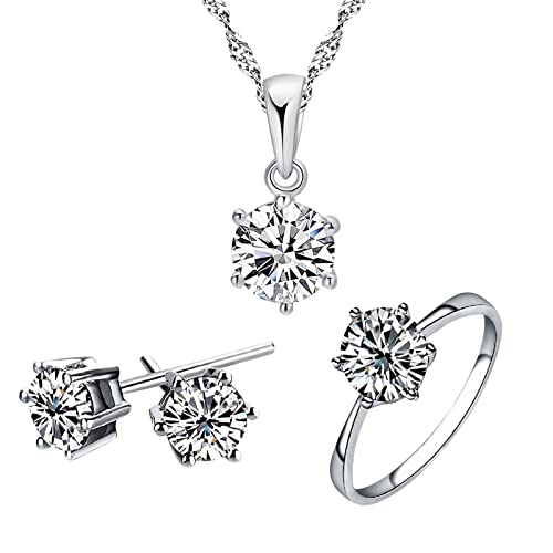 Clicitina Mode Zirkon Set Ohrringe Halskette dreiteiliges Schmuckset für Frauen und Mädchen Plättchen Ohrringe (A-Silver, 5) von Clicitina