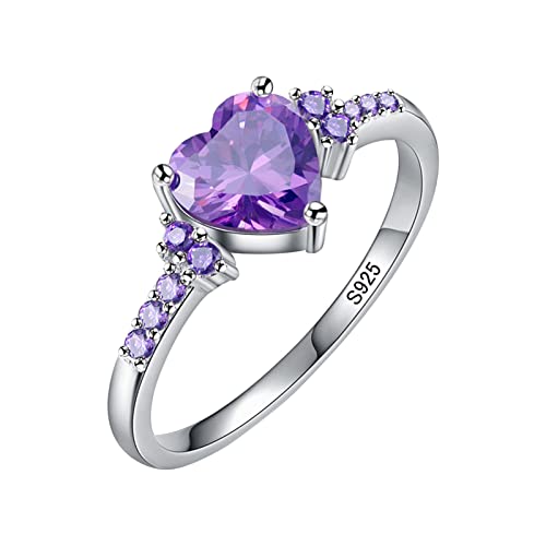 Clicitina Natürlicher Amethyst-Zirkonia-Silber-Ring-Mode-Hochzeits-Herz-geformter Ring-Schmuck Ringe Flexibel (Purple-2, 10) von Clicitina