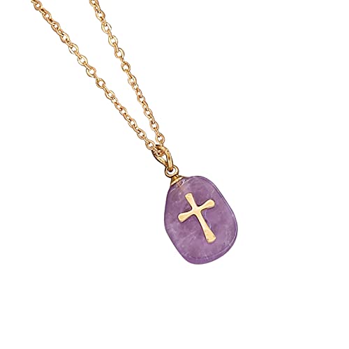 Clicitina Naturstein-Kreuz-Halskette, Kreuz-Halskette, Edelstein-Halskette, kreative Halskette, Mode-Traum-Metall-transparente Halskette Damen-Schmuck GL119 (A-Purple, One Size) von Clicitina