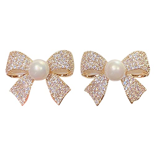 Clicitina Perle Schleife Strass Ohrringe Dünne Baumeln Gold Elegante Perle Strass Ohrringe Hochzeit Frauen Zubehör Schmuck Schleife Ohrringe Für Frauen VZ731 (B-Gold, One Size) von Clicitina