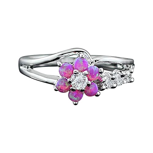 Clicitina Vintage Exquisite Damen Ring Rosa Weiß Opal Zirkon Ring Kupferring Kette Silber Zwei Ringe (Pink-3, 10) von Clicitina