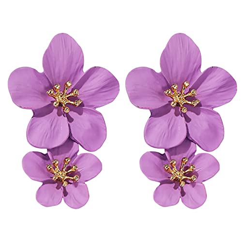 Elegante große Metall-Doppelt-Glanz-Matt-Blumen-Ohrringe, schickes Statement, baumelnde Tropfen, Blumen, Hochzeit, Ohrringe für Frauen, Mädchen, Teenager, Ohrringe Holz Schwarz (Purple-1, One Size) von Clicitina